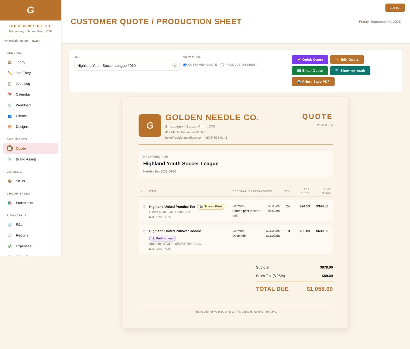 Branded itemized customer quote